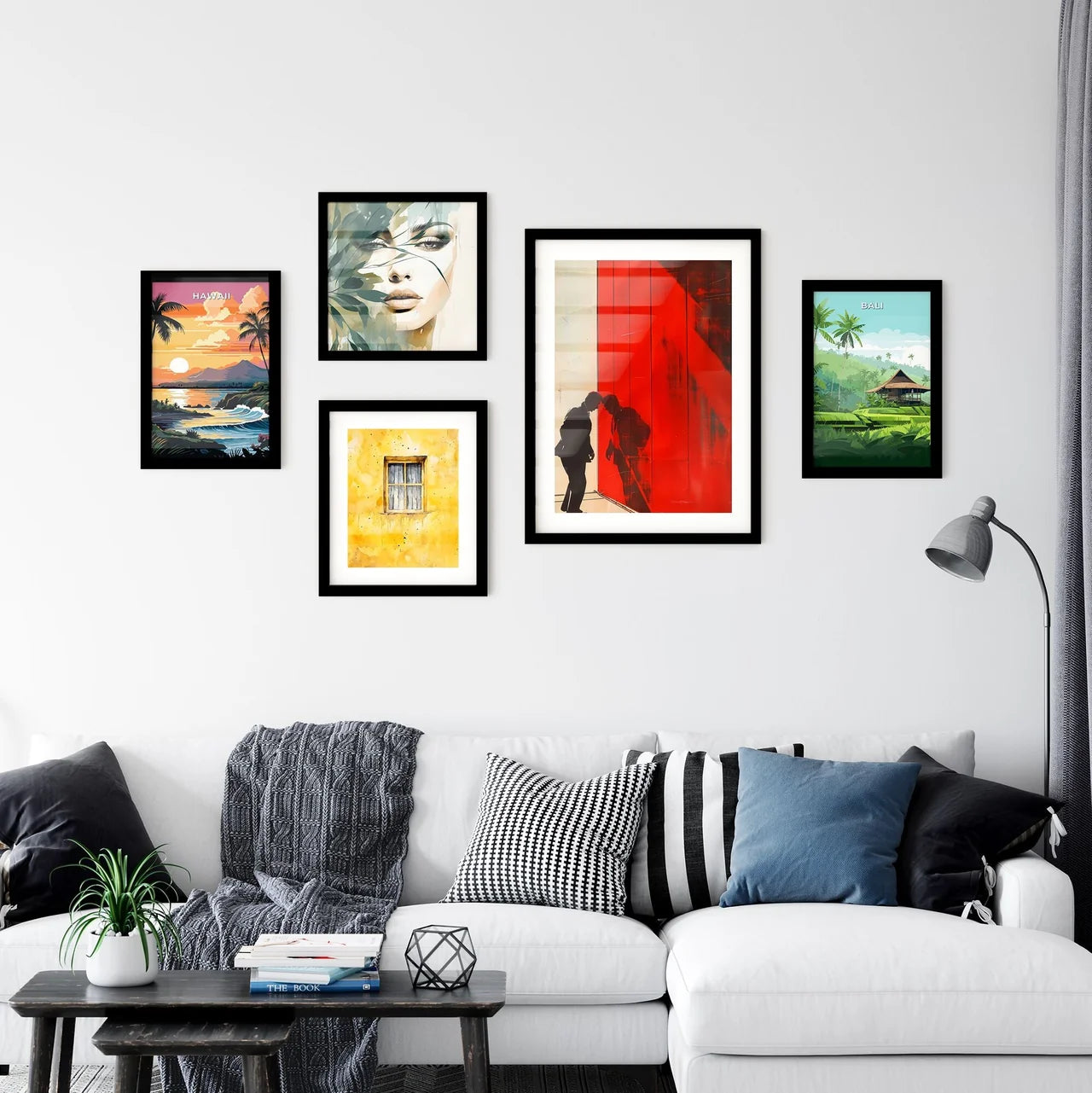 Vibrant Painting with Silhouette of Man and Woman, Propaganda-Style, Art Focus Interior Design