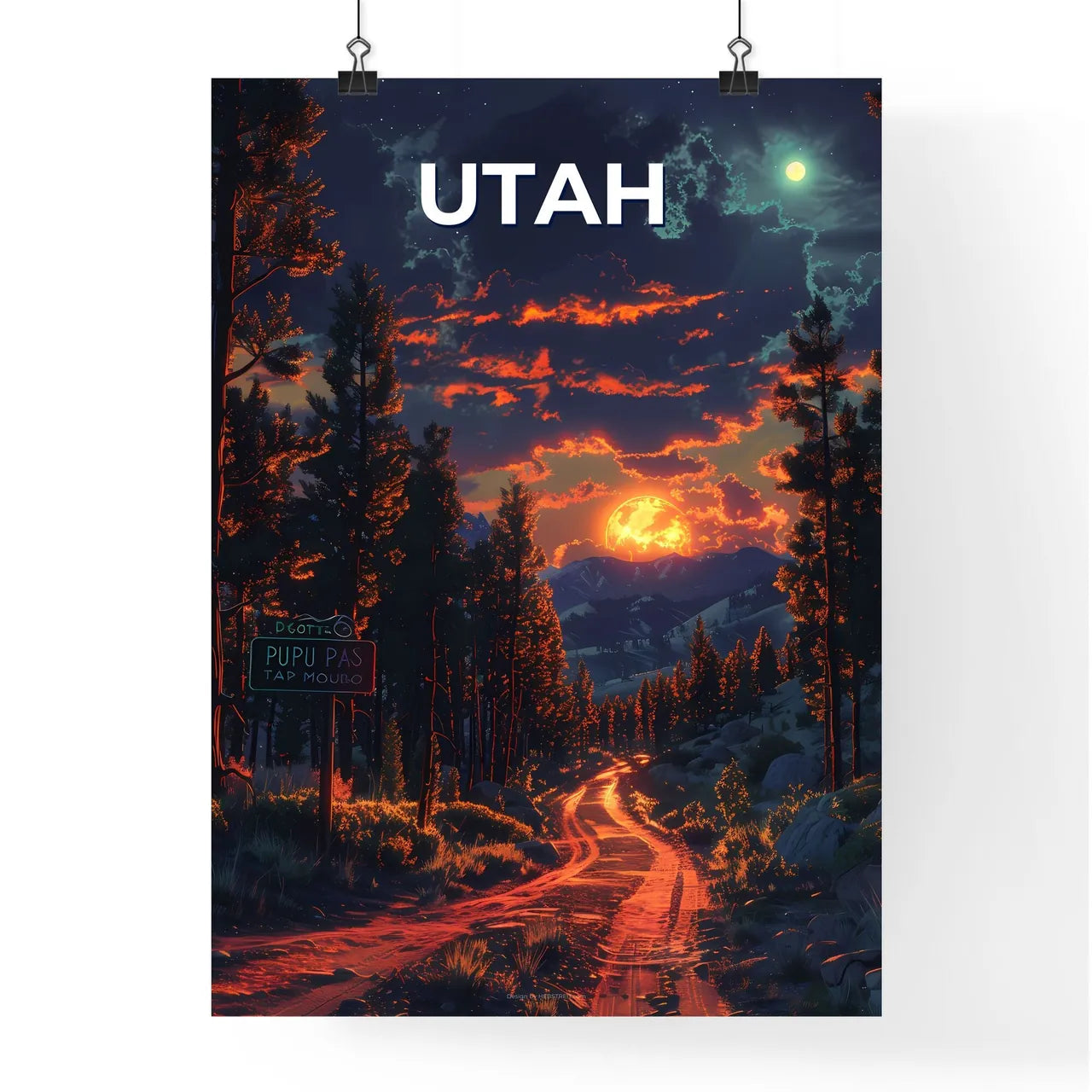 Artful Depiction of Vibrant Forest Road with Poster