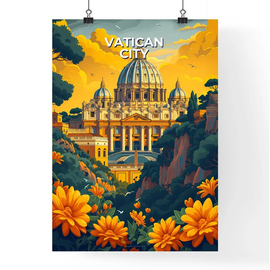 Vatican City, Italy - Panoramic View of a Dome Building, Columns, Trees, Flowers, Painting, Art Poster