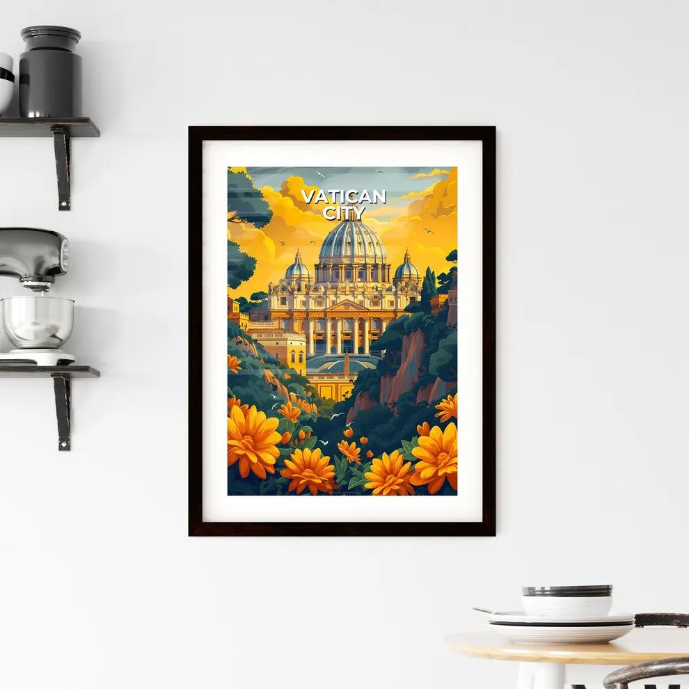 Vatican City, Italy - Panoramic View of a Dome Building, Columns, Trees, Flowers, Painting, Art Custom Print