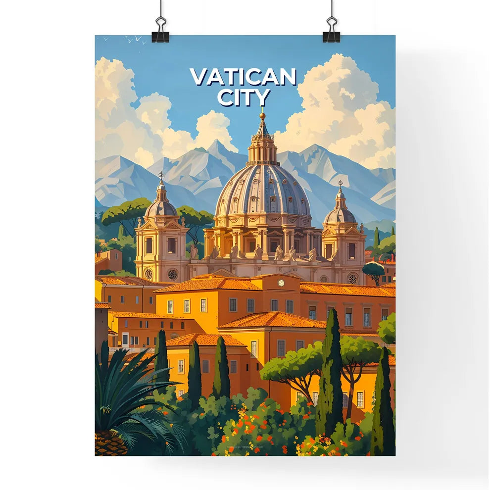 Vibrant Vatican City Painting with Dome, Trees, Mountains Poster