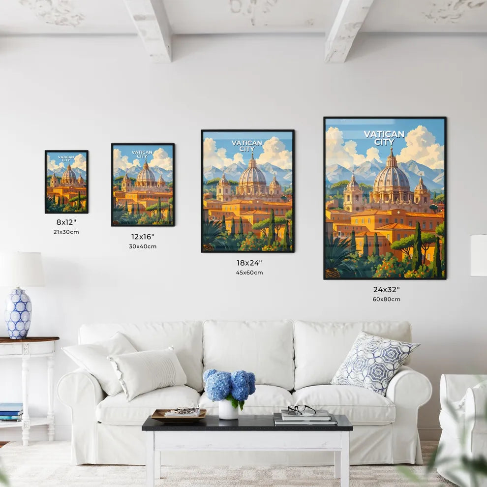 Vibrant Vatican City Painting with Dome, Trees, Mountains Size Chart