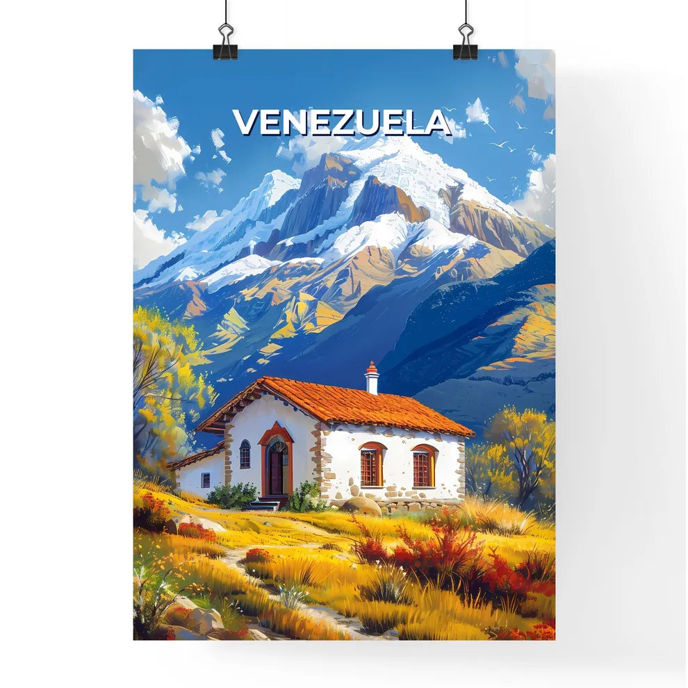 Tranquil Hillside Retreat: Arthouse Painting of a Home Amidst Venezuelan Mountains Poster