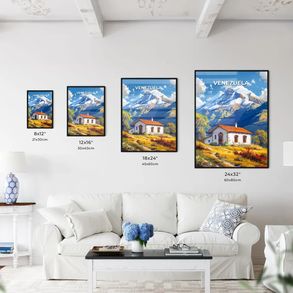 Tranquil Hillside Retreat: Arthouse Painting of a Home Amidst Venezuelan Mountains Size Chart