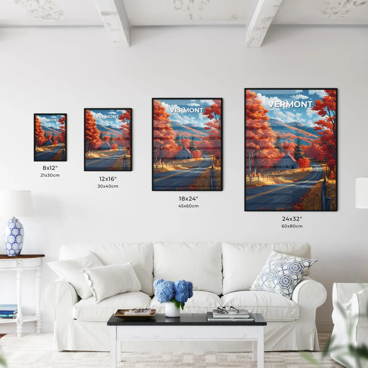 Vibrant Painting of Vermont House on Road with Orange Trees Size Chart