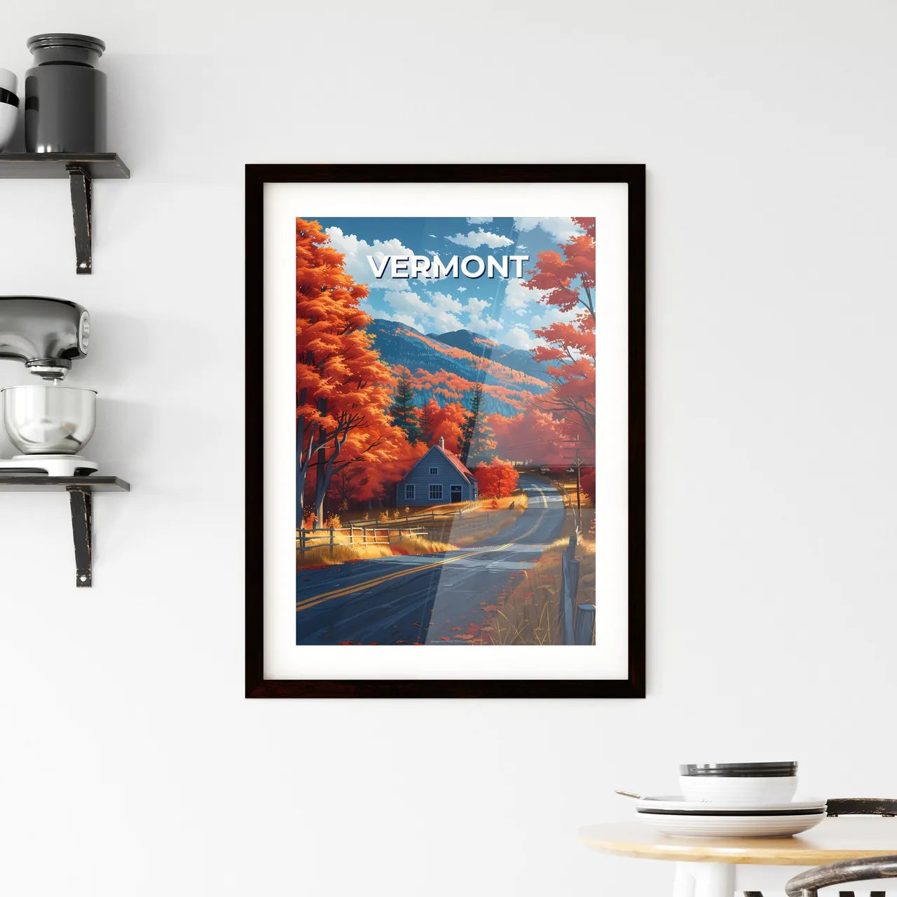 Vibrant Painting of Vermont House on Road with Orange Trees Custom Print