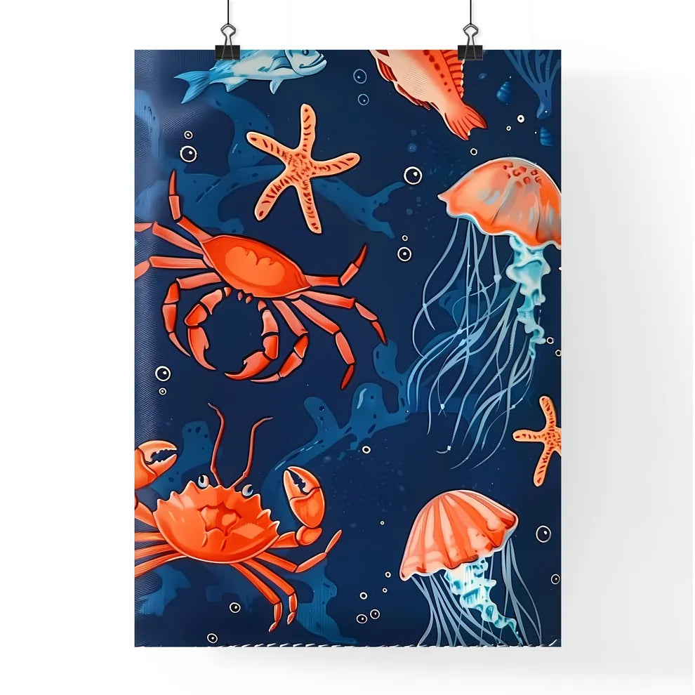 Vibrant Marine Canvas: Blue Ocean Hues Adorned with Playful Fish Poster