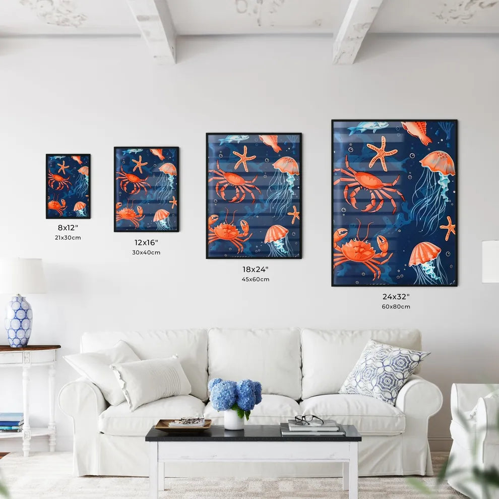 Vibrant Marine Canvas: Blue Ocean Hues Adorned with Playful Fish Size Chart