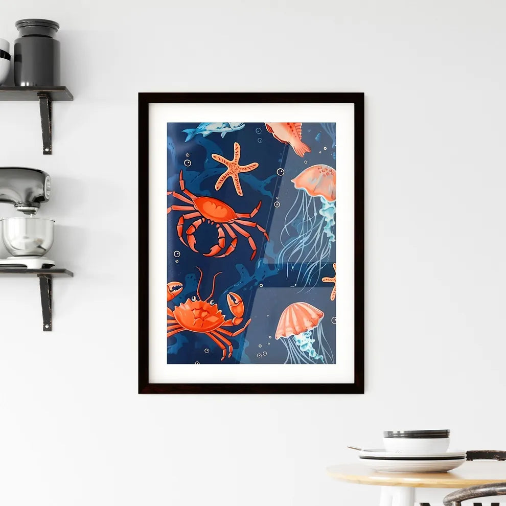 Vibrant Marine Canvas: Blue Ocean Hues Adorned with Playful Fish Framed Print