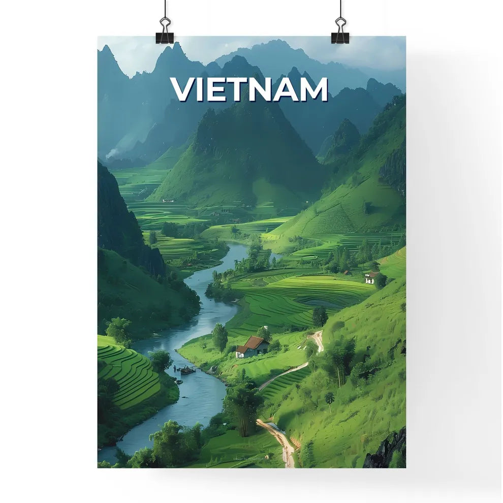 Tranquil River Flows Through Lush Valley in  Poster