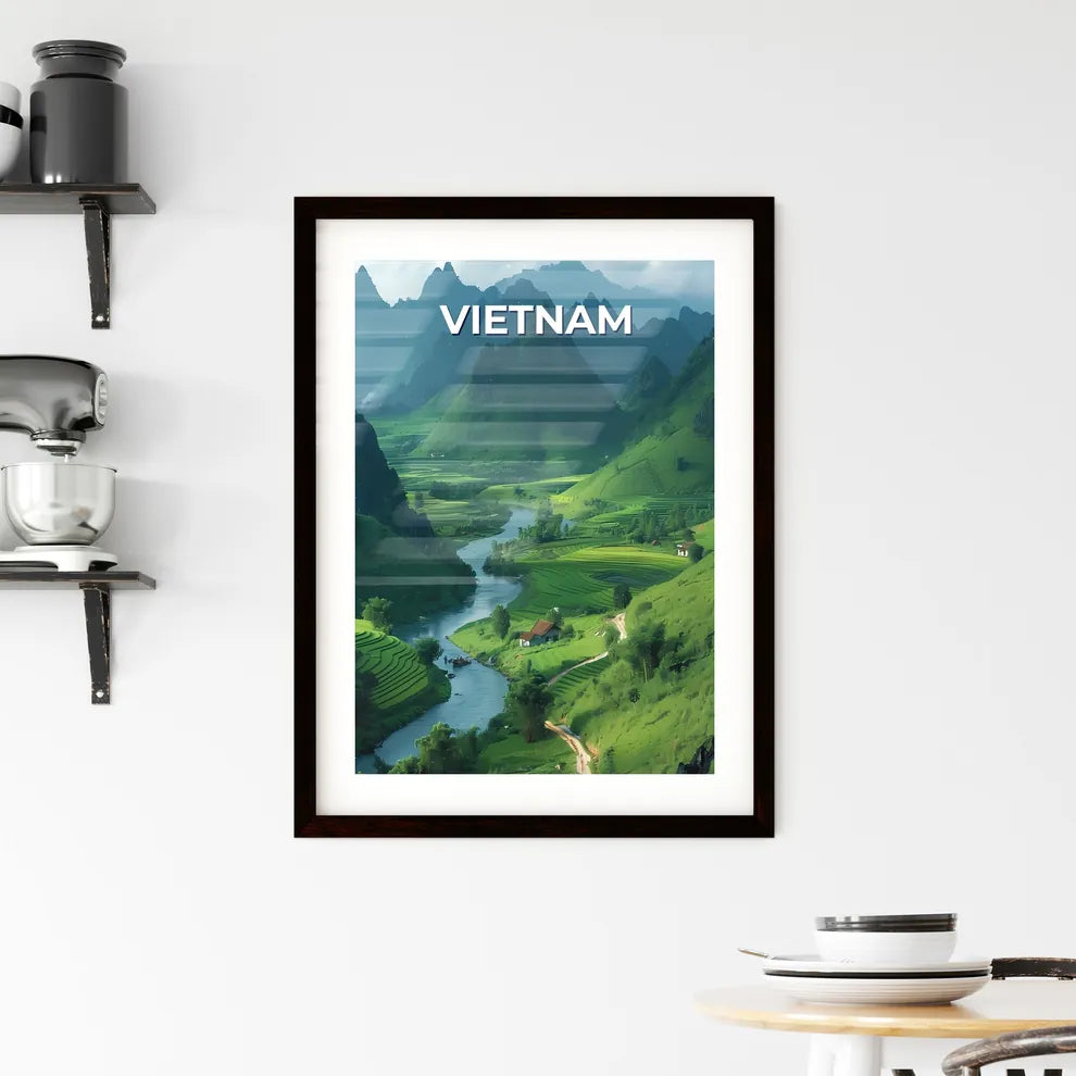 Tranquil River Flows Through Lush Valley in  Framed Print