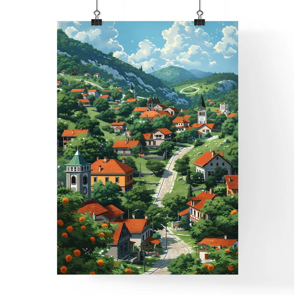 Serbian Village Landscape: Painted Art Depiction of Town with Trees and Buildings Poster