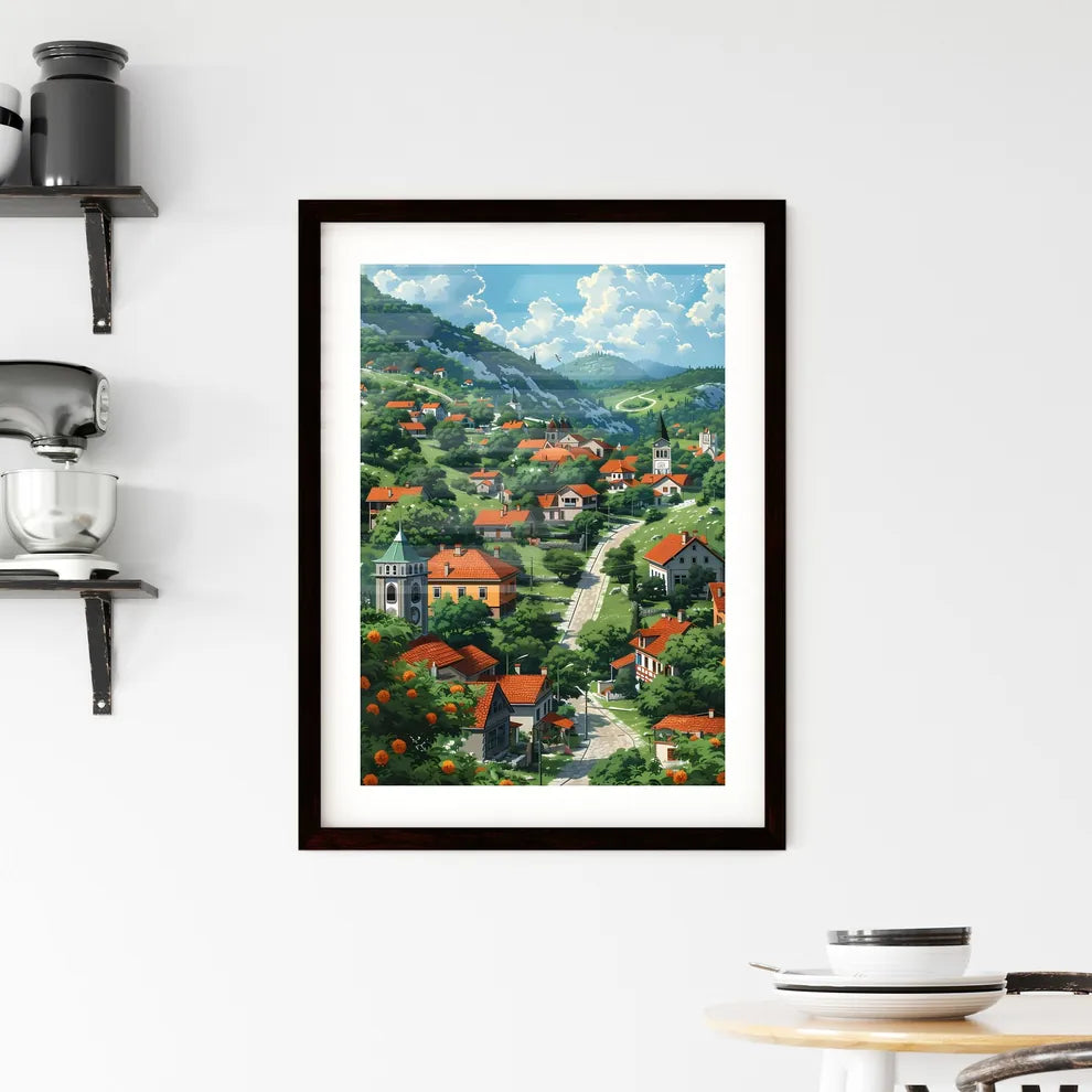 Serbian Village Landscape: Painted Art Depiction of Town with Trees and Buildings Custom Print