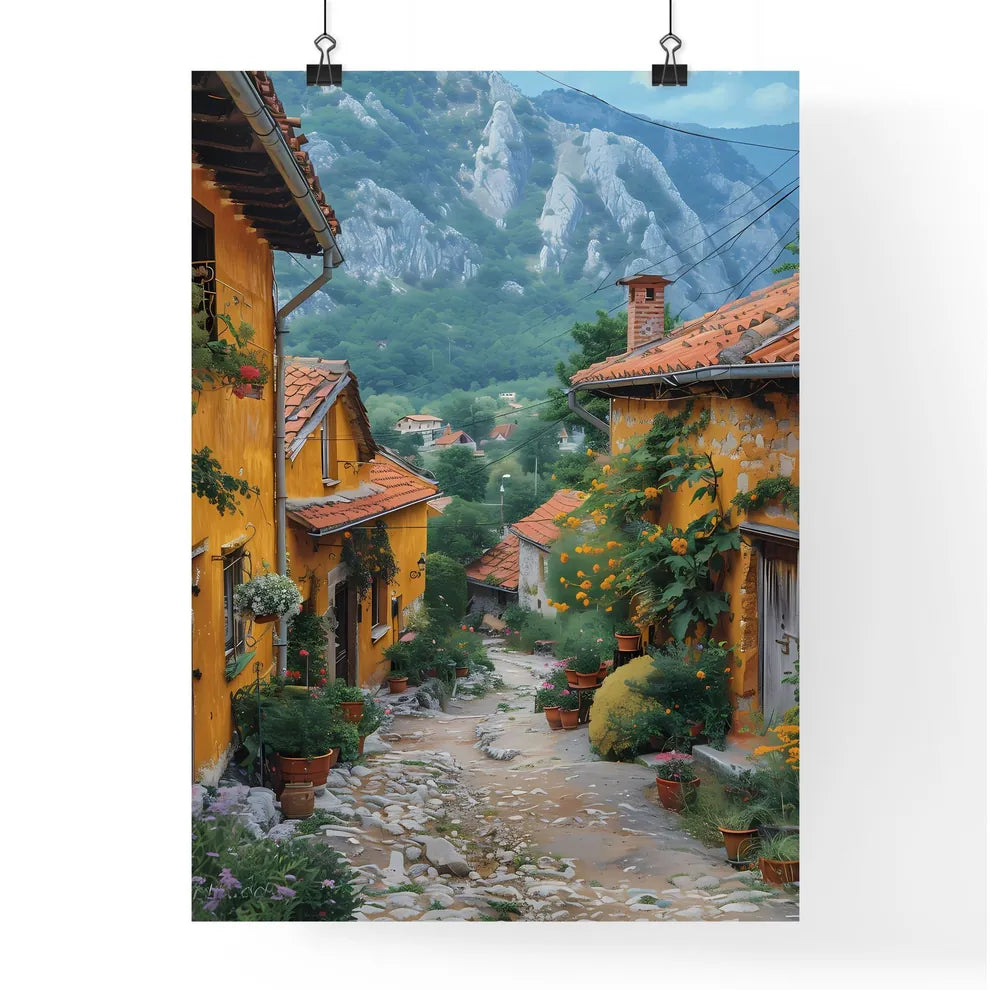 Charming Isometric Serbian Village Street with Vibrant Buildings and Lush Greenery Poster