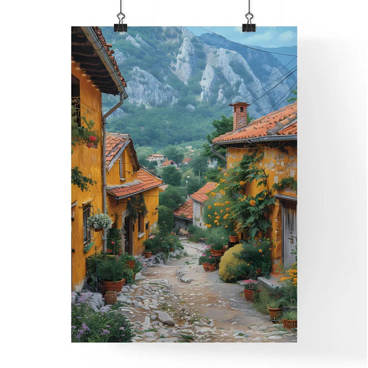 Charming Isometric Serbian Village Street with Vibrant Buildings and Lush Greenery Poster