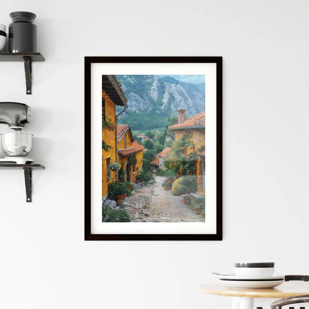 Charming Isometric Serbian Village Street with Vibrant Buildings and Lush Greenery Custom Print