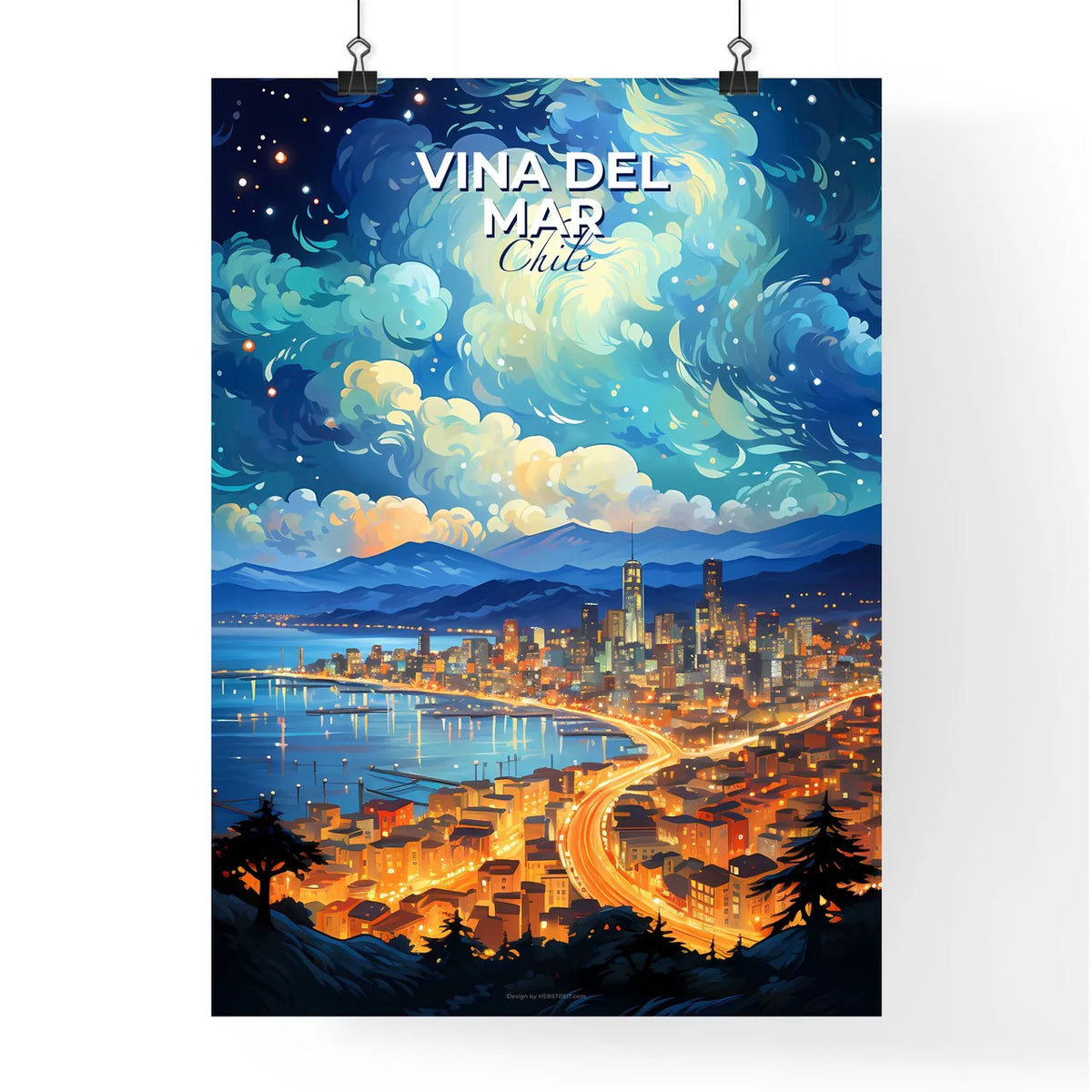 Painting of Vina del Mar Chile Skyline - Luminous Urban Night Cityscape Reflection Water Default Title