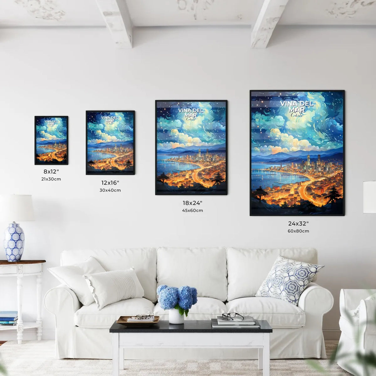 Painting of Vina del Mar Chile Skyline - Luminous Urban Night Cityscape Reflection Water Default Title
