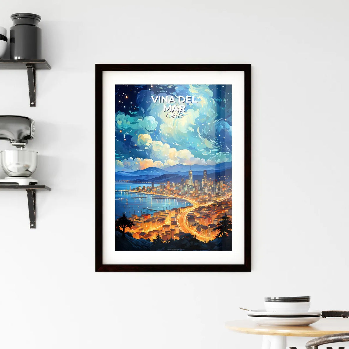 Painting of Vina del Mar Chile Skyline - Luminous Urban Night Cityscape Reflection Water Default Title