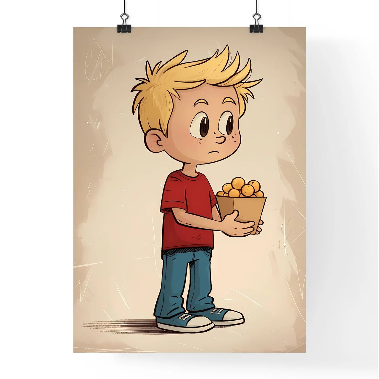 Vintage cartoon boy blonde hair red shirt bl Poster