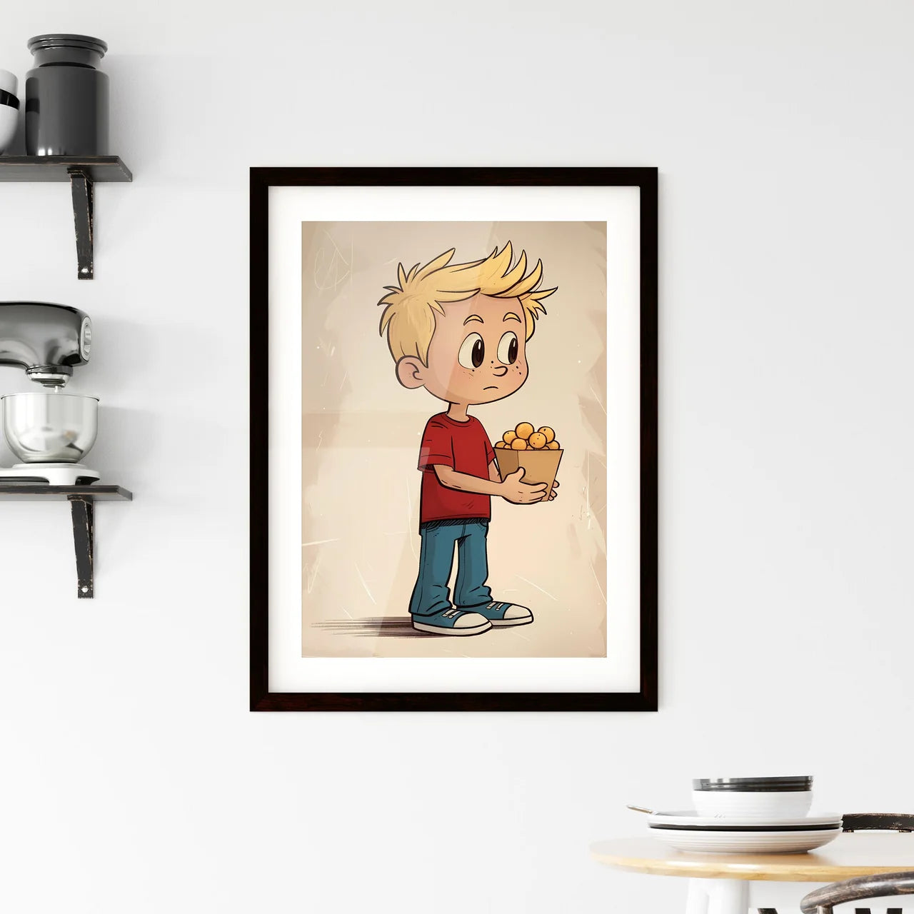 Vintage cartoon boy blonde hair red shirt bl Framed Print