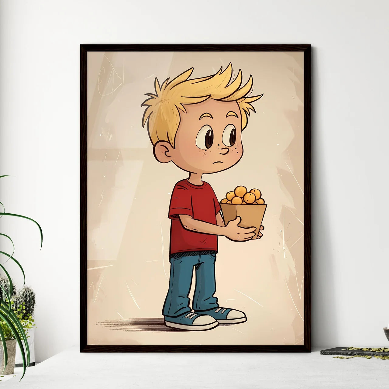 Vintage cartoon boy blonde hair red shirt bl - Framed Art Print