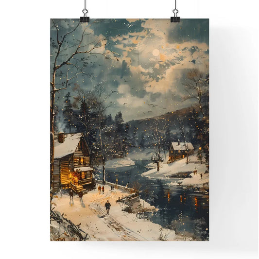 Snowy Countryside New Year's Eve Celebration Painting: Vibrant Winter Landscape with House and River Poster