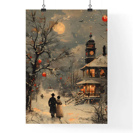 Vintage Country New Year's Eve Party Illustration Painting Snowman Walking Couple Landscape Poster