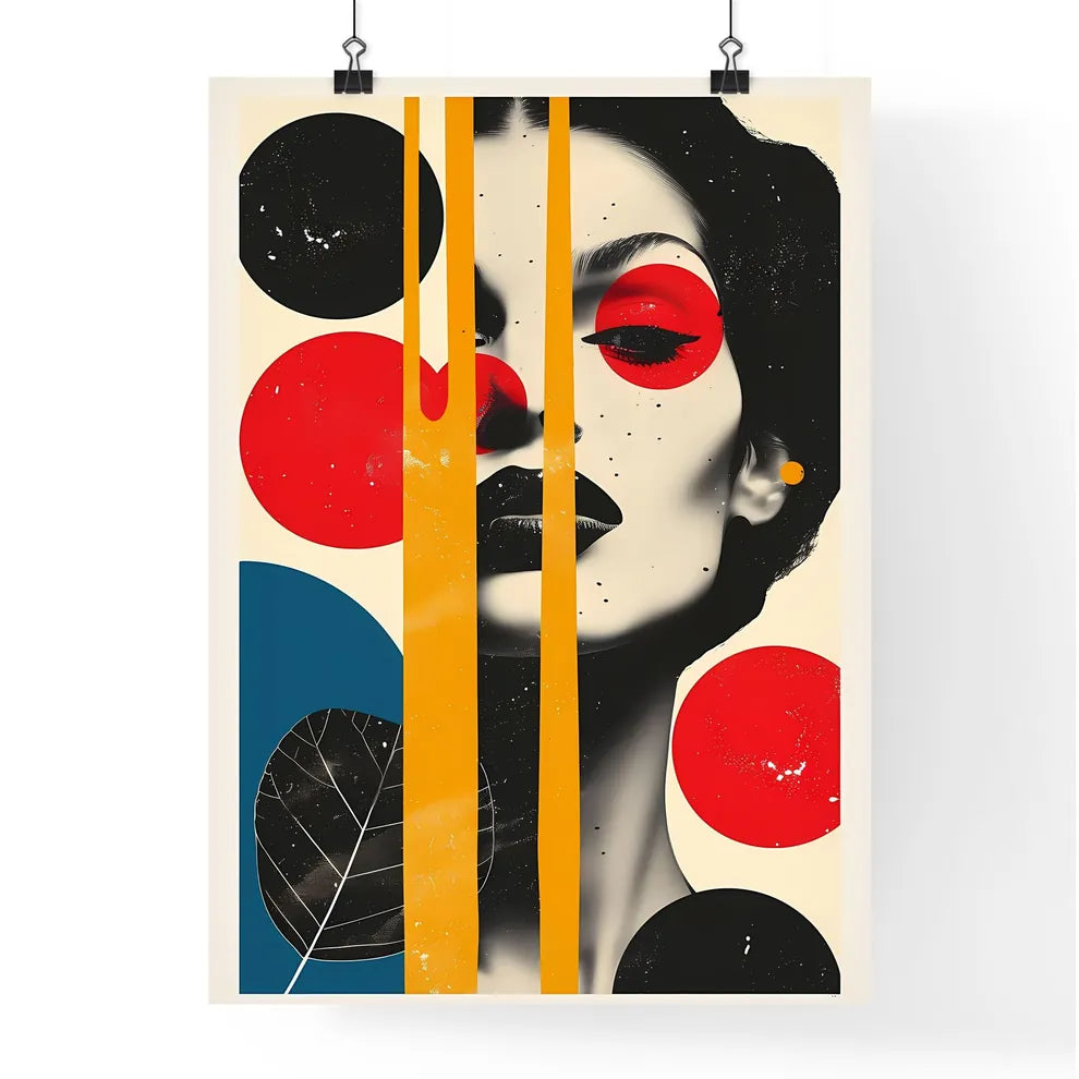 A womans face with red yellow and blue circl Poster