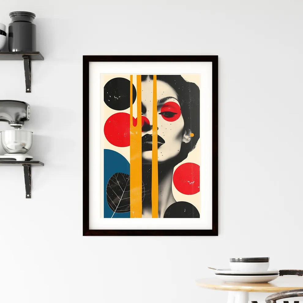 A womans face with red yellow and blue circl Framed Print