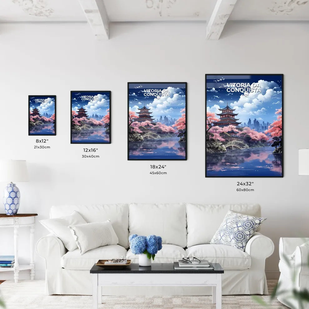 Vibrant Painting Depicting Vitoria da Conquista Skyline with Pagoda and Bridge amidst Pink Trees Default Title