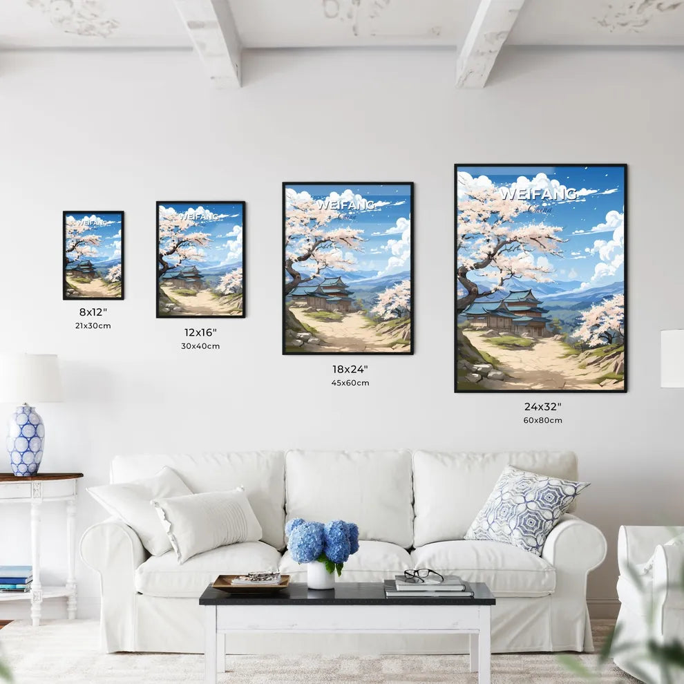 Vibrant Landscape Painting: Weifang City Skyline with Majestic Building Amidst Verdant Trees Default Title