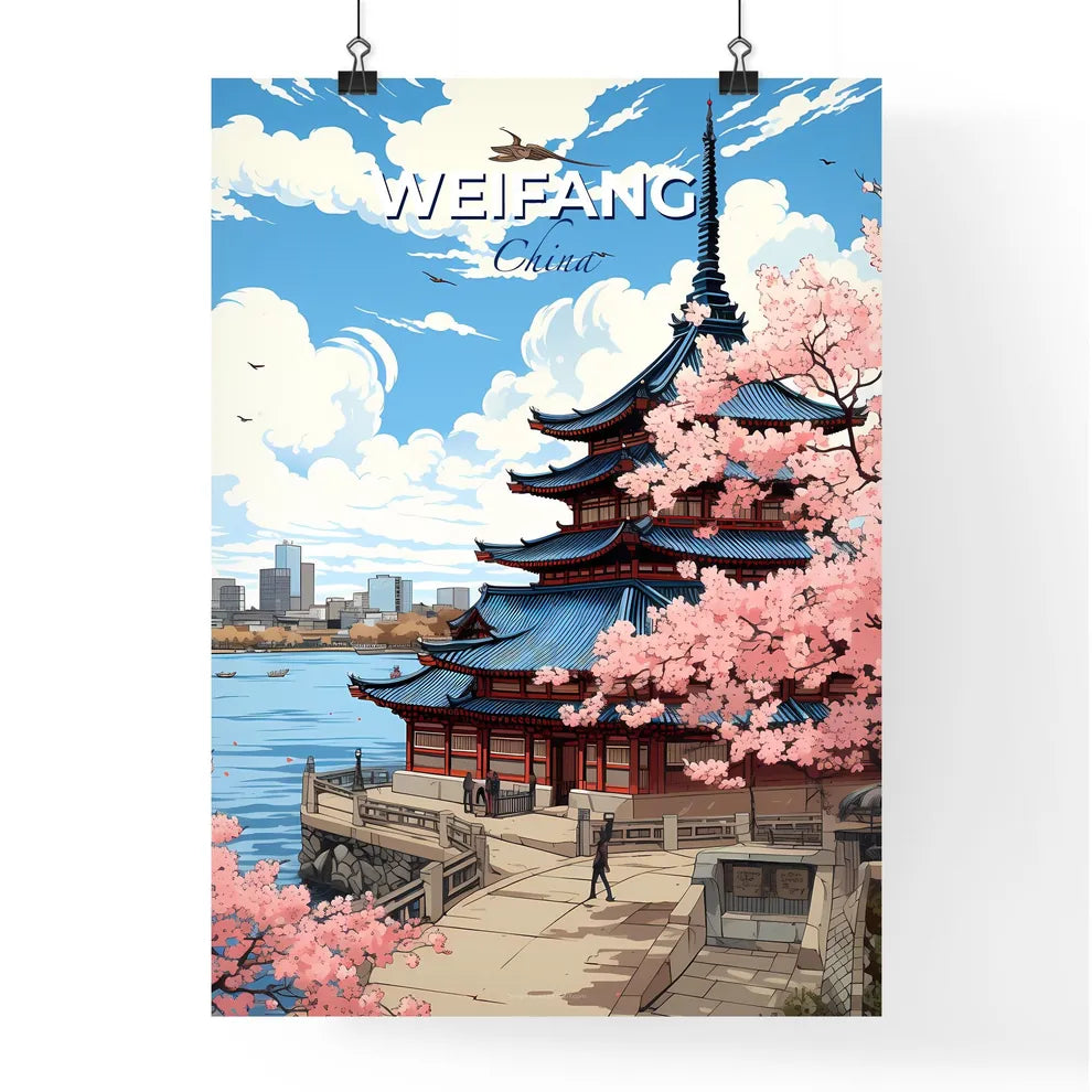 Weifang Cityscape Skyline Abstract Expressionist Painting Modern Building Water Pink Blossoms Default Title