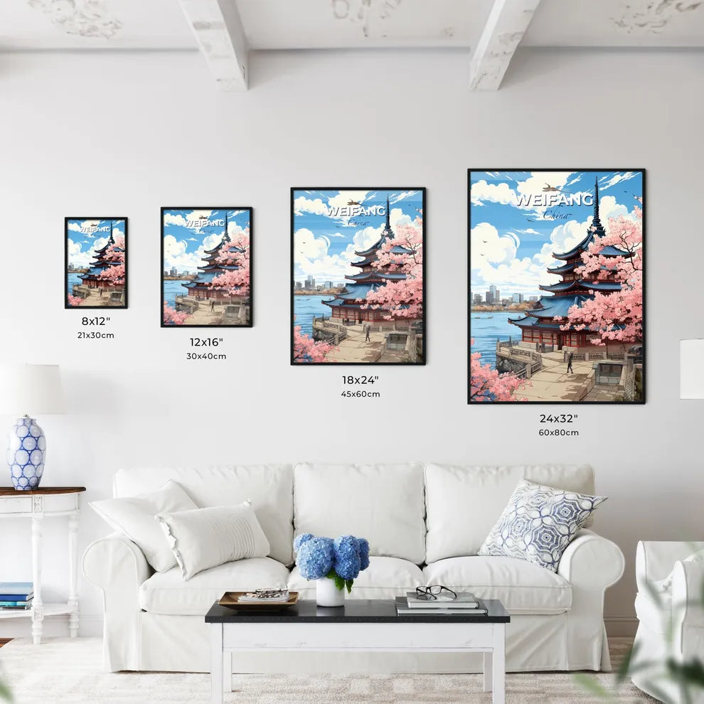 Weifang Cityscape Skyline Abstract Expressionist Painting Modern Building Water Pink Blossoms Default Title