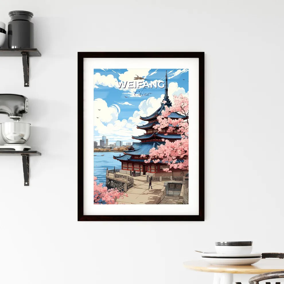 Weifang Cityscape Skyline Abstract Expressionist Painting Modern Building Water Pink Blossoms Default Title