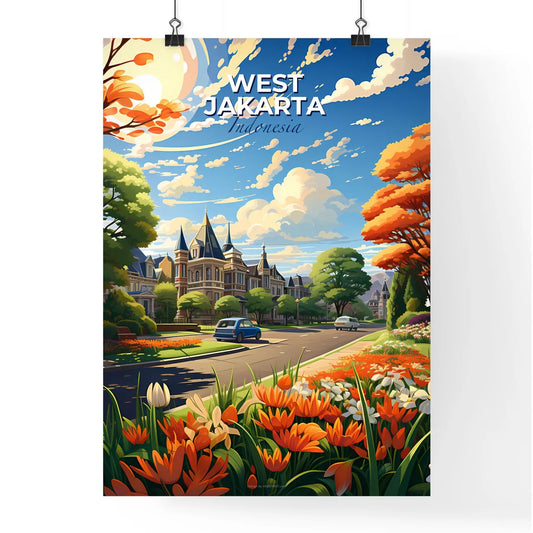 Vibrant Cityscape Painting of West Jakarta Skyline Featuring Flowers, Trees, and Modern Architecture Default Title