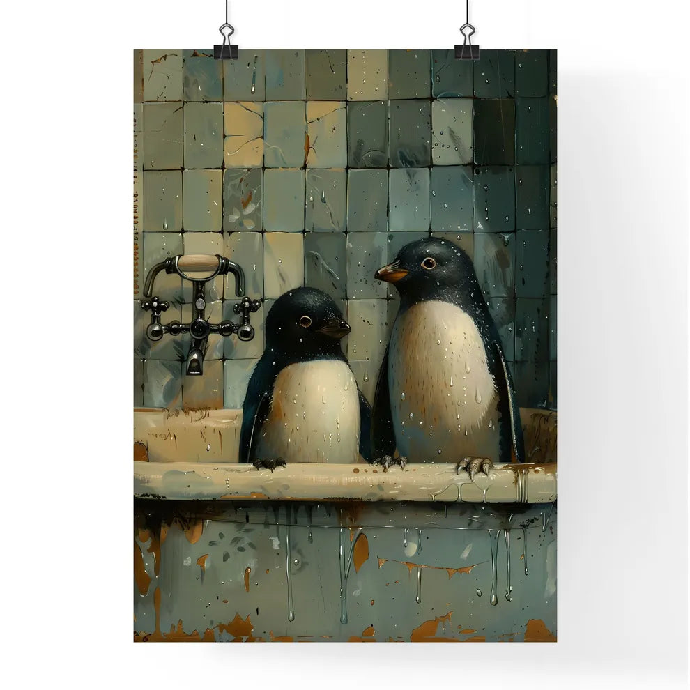 Whimsical Bathtub Penguins: Surreal Animal Artwork Poster