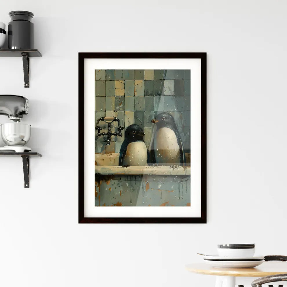 Whimsical Bathtub Penguins: Surreal Animal Artwork Framed Print