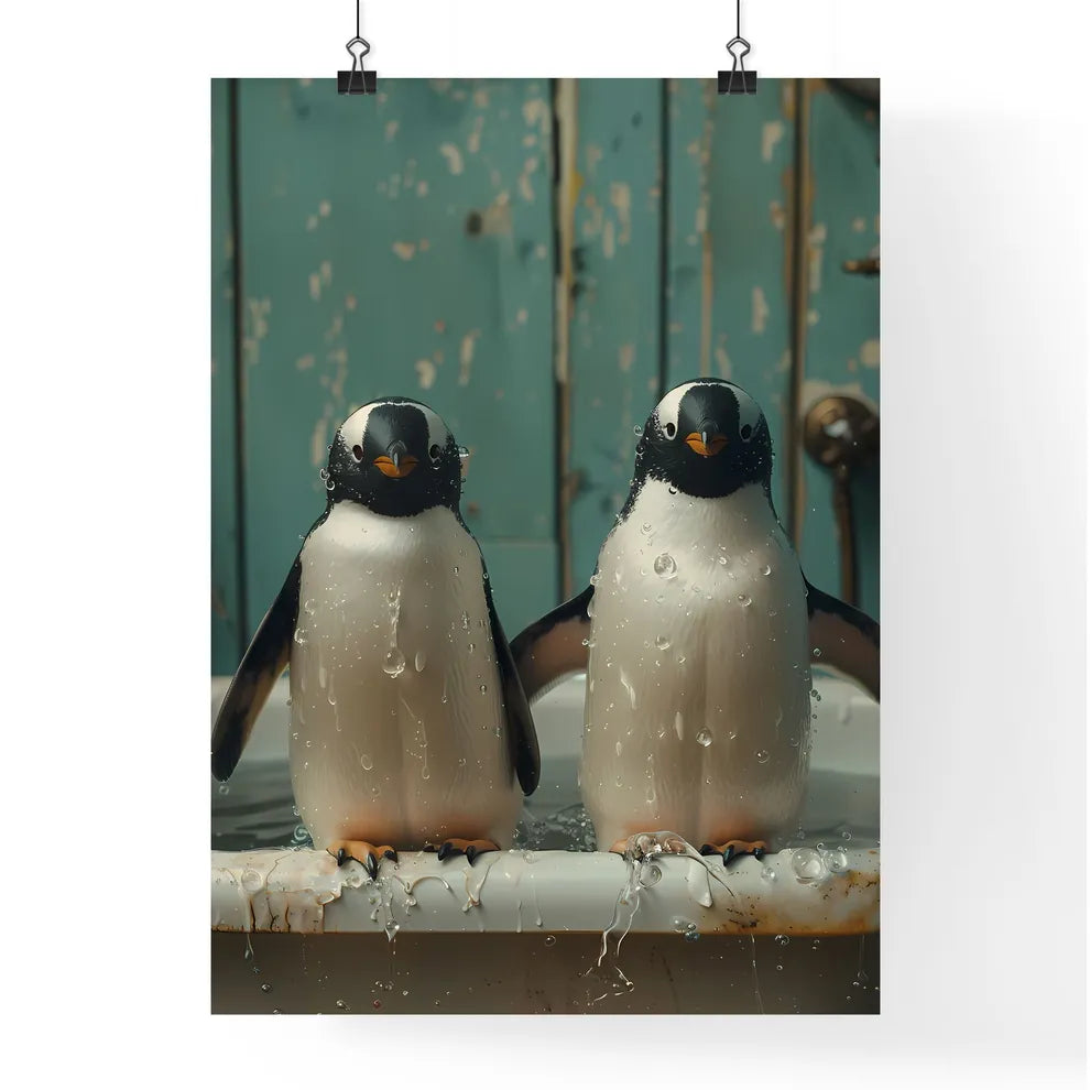 Playful penguins leap in tub Poster