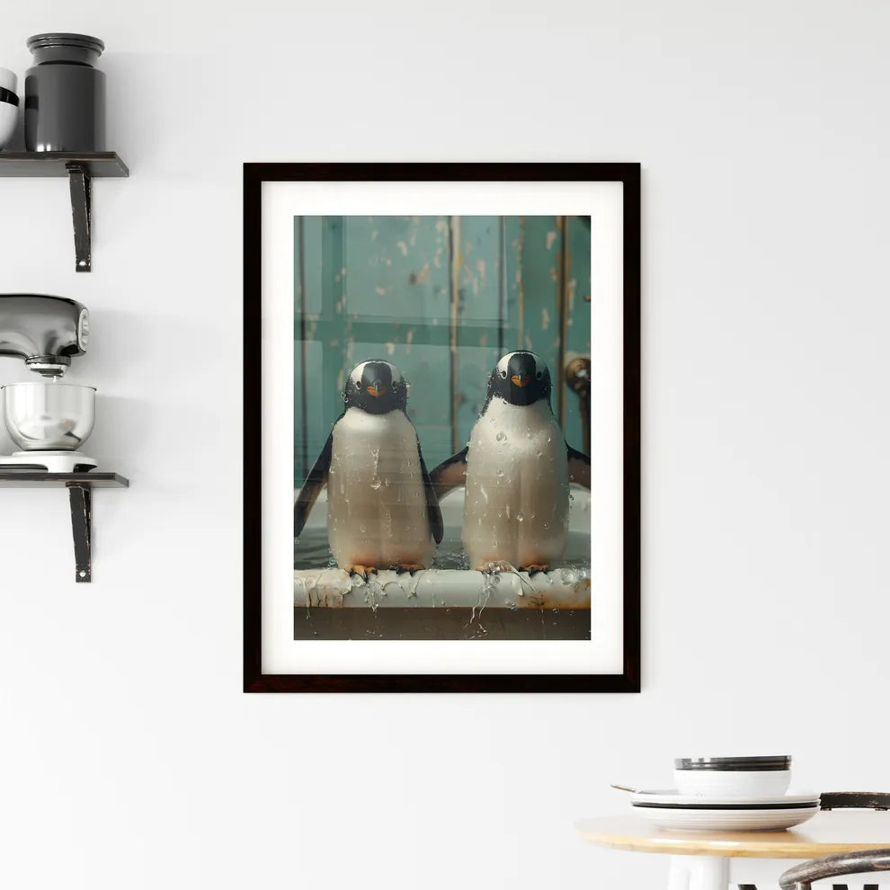 Playful penguins leap in tub Framed Print