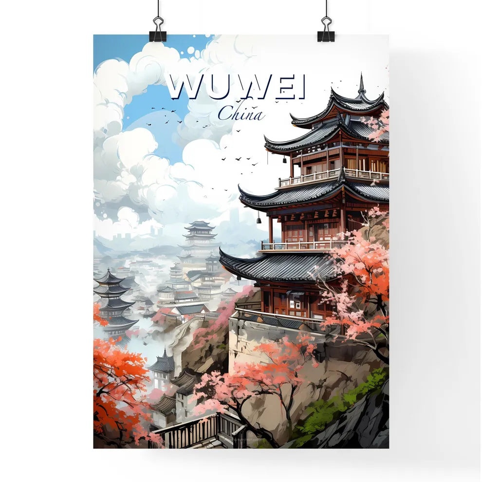 Wuwei China Cityscape - Artistic Building on a Cliff with Trees and Clouds Default Title