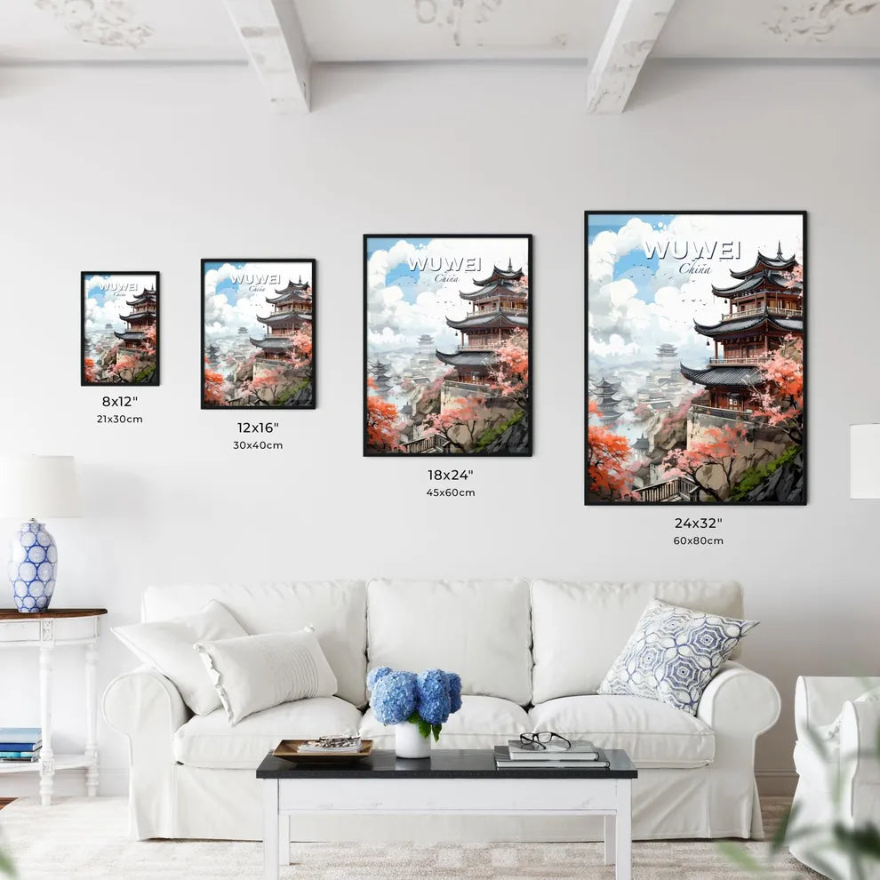 Wuwei China Cityscape - Artistic Building on a Cliff with Trees and Clouds Default Title