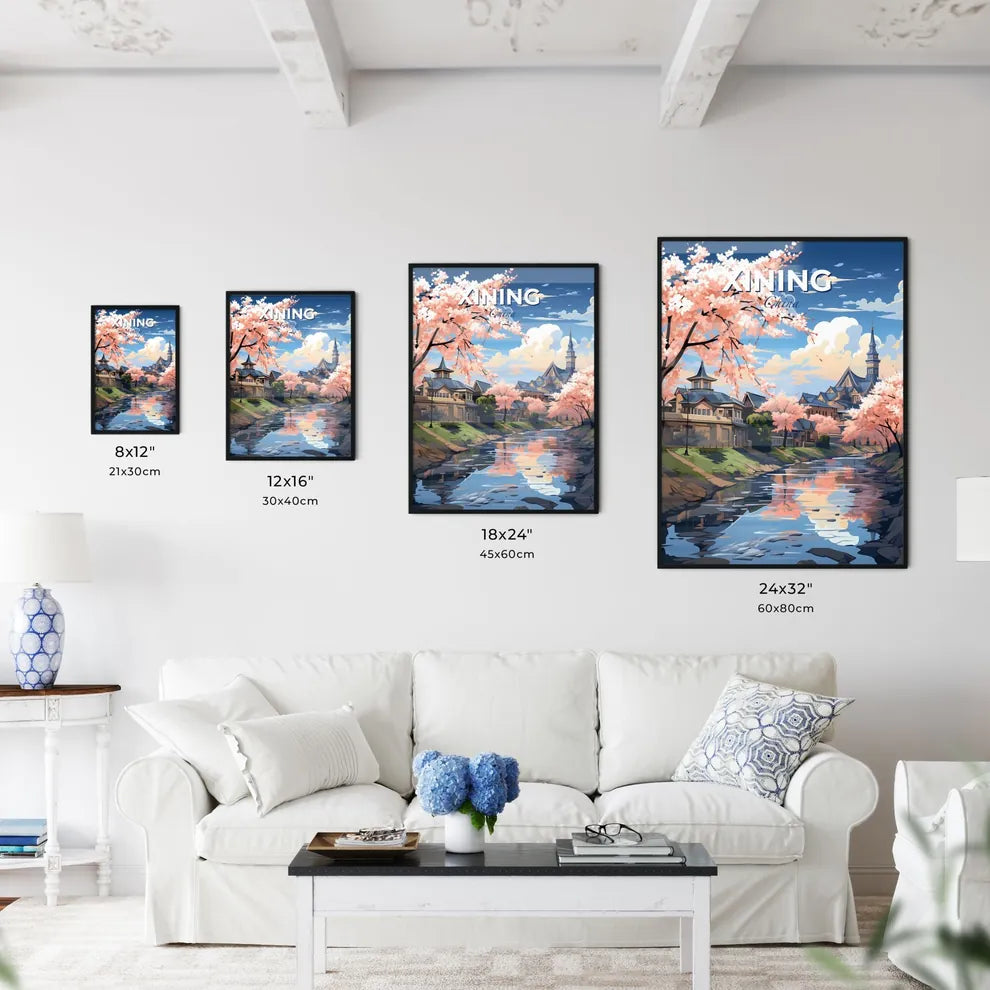 Artsy Xining Skyline Painting - Vibrant Cityscape with Pink Trees and Abstract Buildings Default Title