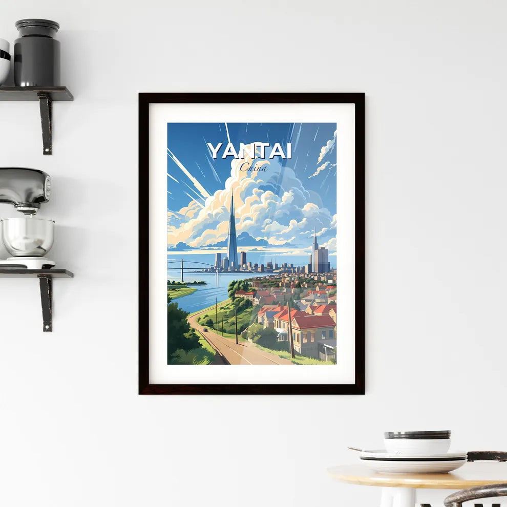 Vibrant Cityscape Painting of Yantai China's Skyline featuring Bridge and Water Default Title