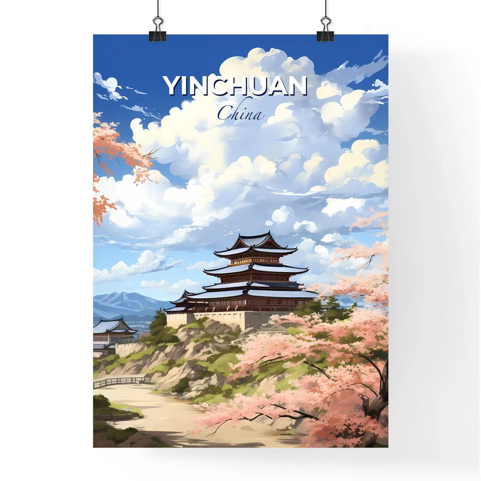 Yinchuan China Skyline Vibrant Painting Cityscape Hilltop Building Surrounded by Pink Flowers Default Title