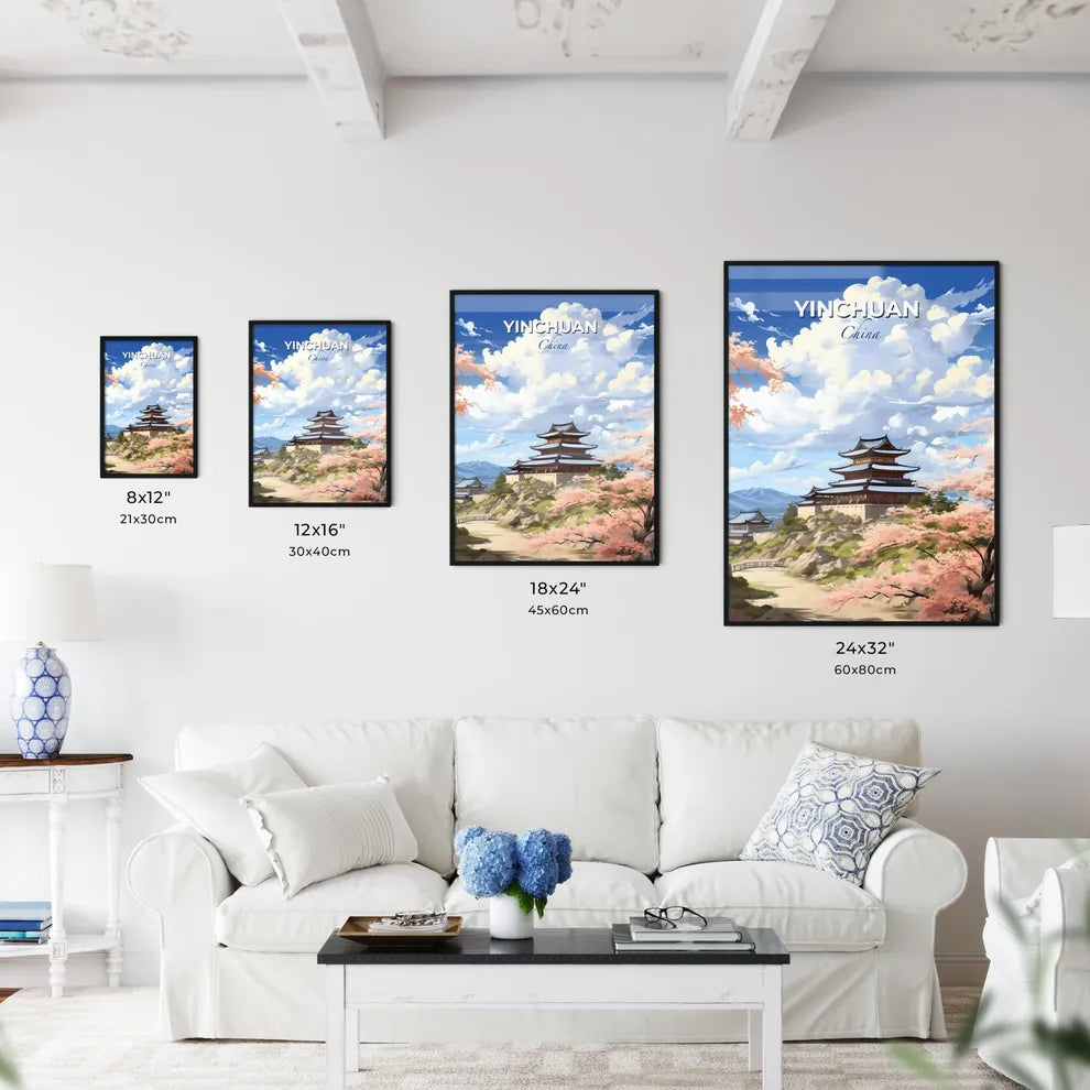 Yinchuan China Skyline Vibrant Painting Cityscape Hilltop Building Surrounded by Pink Flowers Default Title