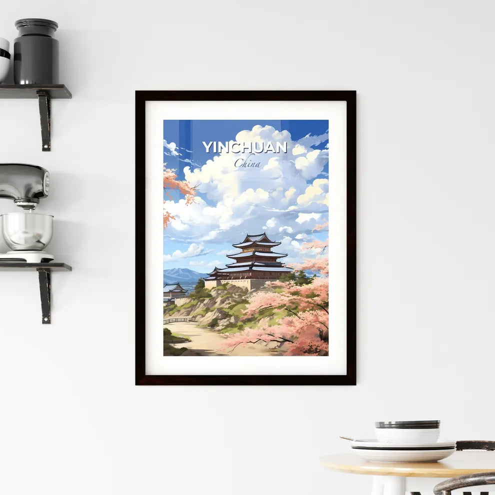 Yinchuan China Skyline Vibrant Painting Cityscape Hilltop Building Surrounded by Pink Flowers Default Title