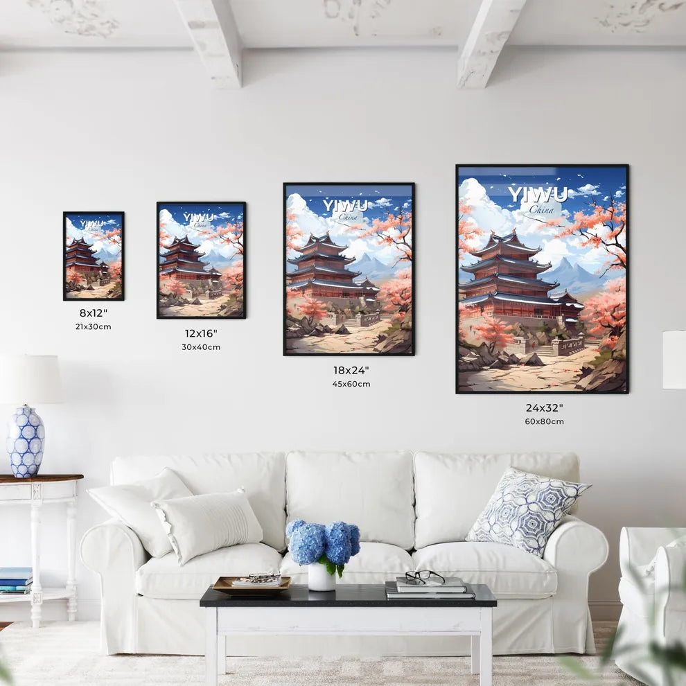 Vibrant Hilltop Building Skyline in Yiwu China with Blooming Pink Flowers, Abstract Cityscape Painting Default Title