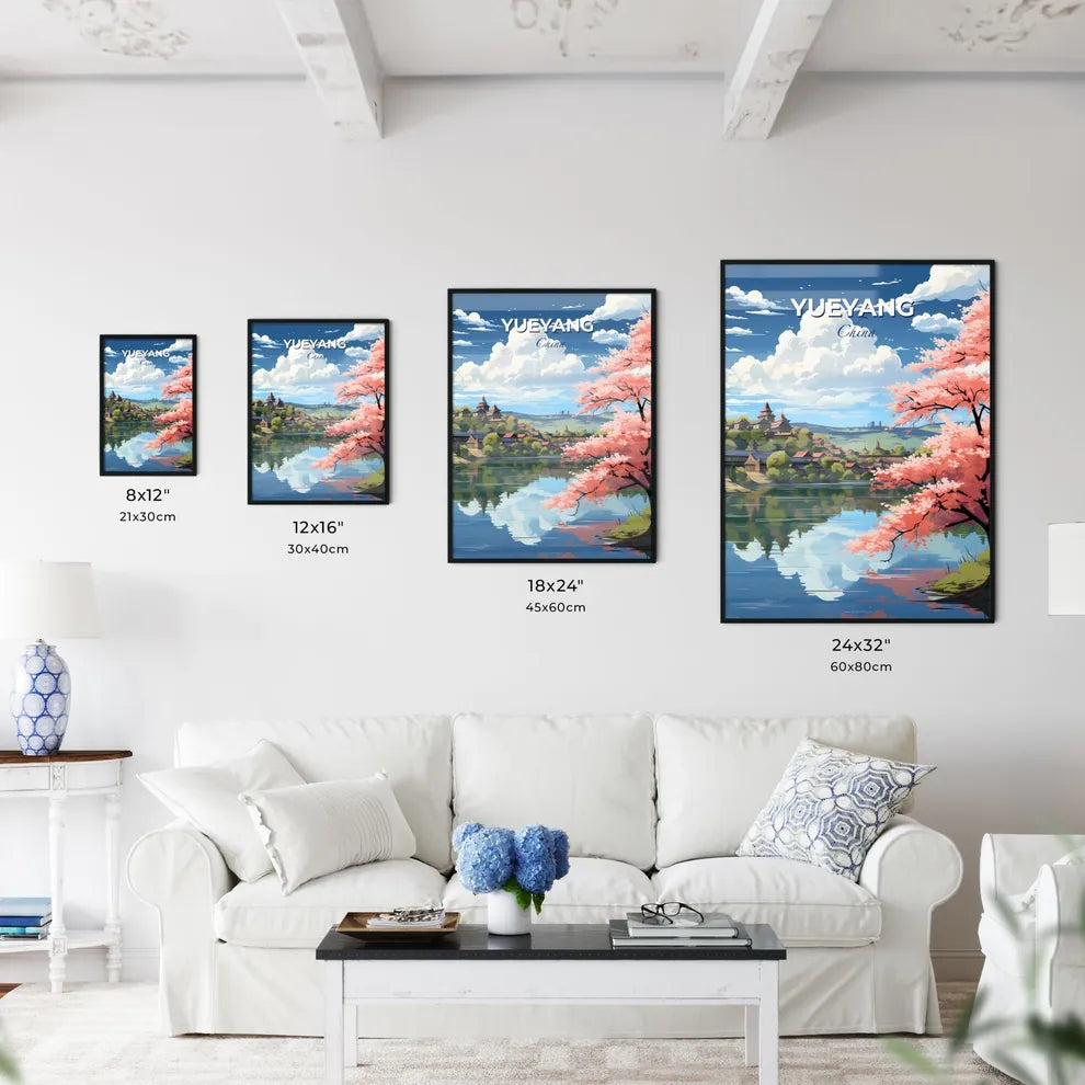 Expressive Art Depicting Yueyang Skyline with Pink Blossom by the Lake Default Title
