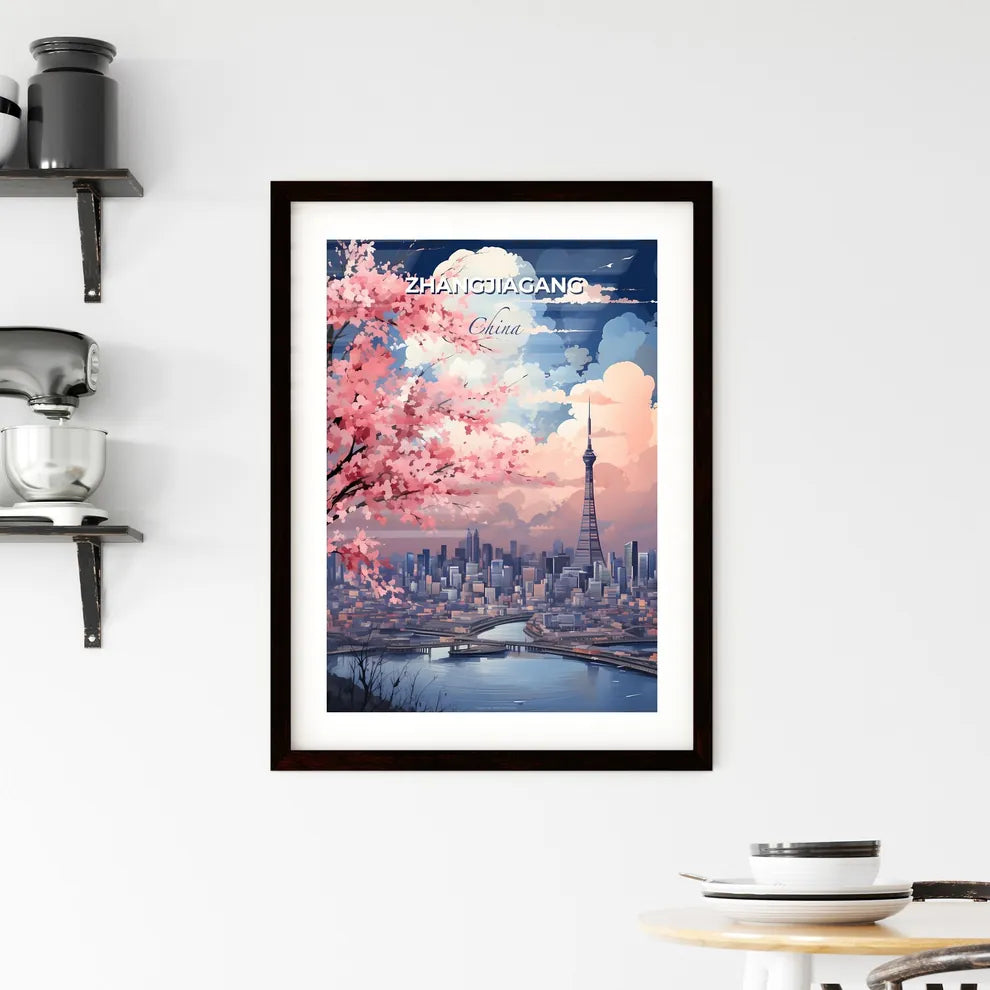 Pink Tree with Abstract China Skyline - Digital Art Painting Stock Image Default Title